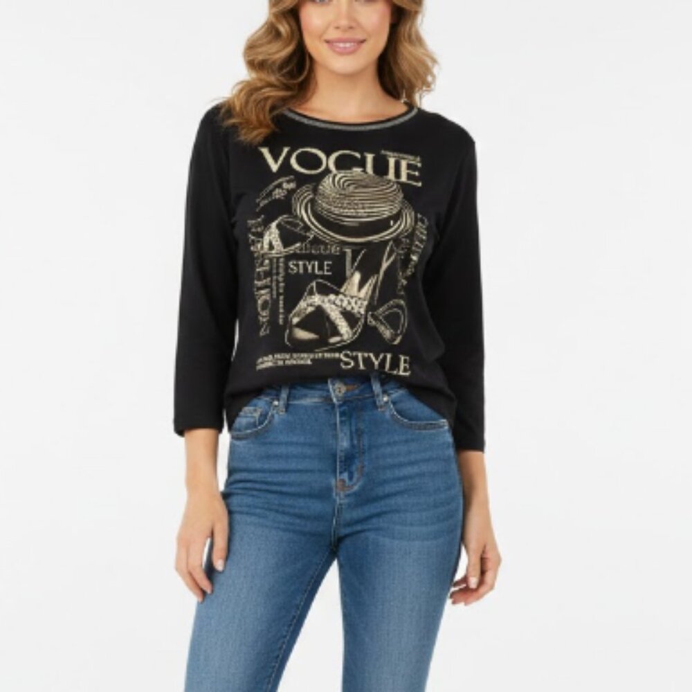 New Jess & Jane Large Tan Graphic Novelty Artsy Stretch Knit Top Festival Boho